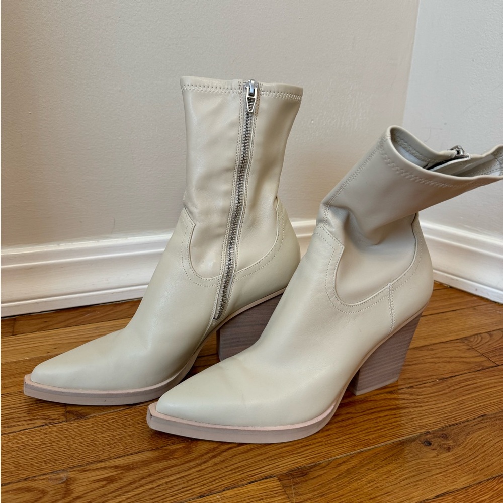 Dolce Vita Cream Heeled Boots with Sleek Design and Side Zipper